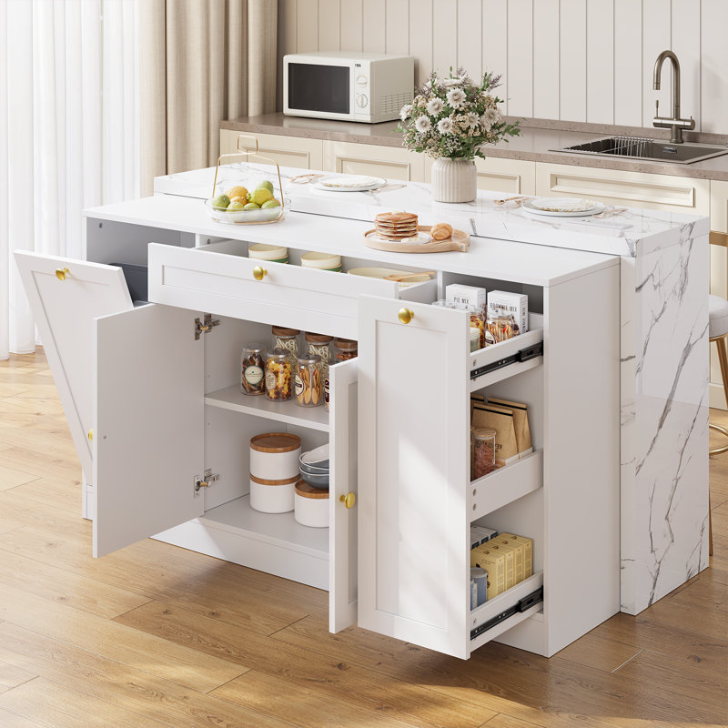 63" Wide Kitchen Island With Power Outlet & Trash Can Cabinet, Split-Level Top Kitchen Cabinet With Pull-Out Spice Rack