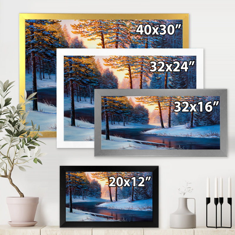 «Sunshine Through The Christmas Forest By The River», peinture sur toile, H 30 po x l 40 po x 1,5 po, Cadre noir