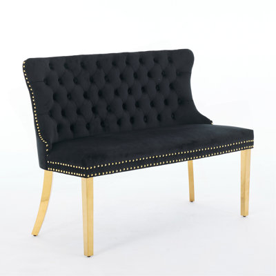 Velvet Double Dining Loveseat Bench, Kitchen & Dining Seating, 2-Seat Tufted Bench W/Handmade Buttons, Wing Back, Gold-Plated Steel Legs, Mid Century Modern