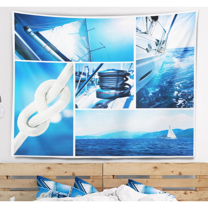 Tapisserie de bateau à voile en mer blue shore, H 32 po x l 39 po