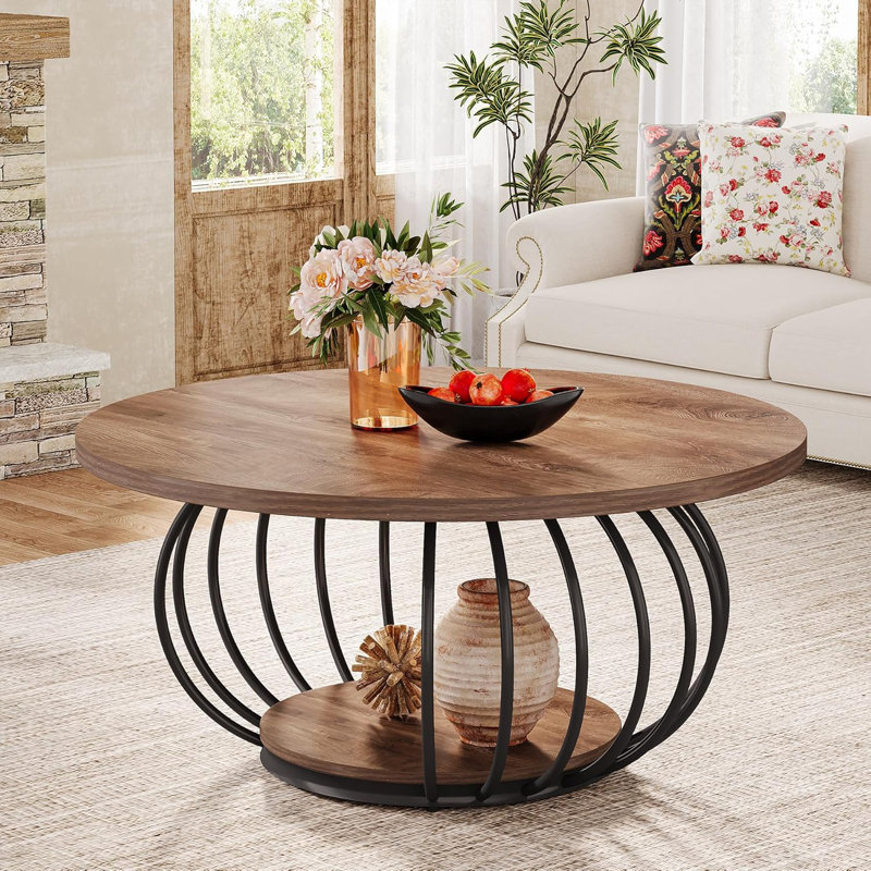 Table basse ronde 39,4 "avec tablette Storge, table centrale pour le salon, Brun / Noir