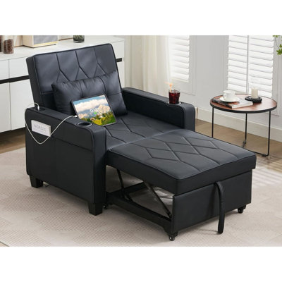 Faux Leather Convertible Chair 3-In-1 Pull Out Sleeper Futon Chair Beds With Usb