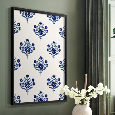 Motif de fleurs indigo I, reproduction encadrée - bois massif