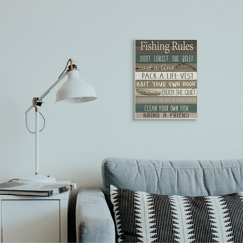 «Rustic Fishing Rules Sign Brown Green Beige» par Kim Allen - impression d'art graphique, H 19 po x l 13 po x P 0,5 po