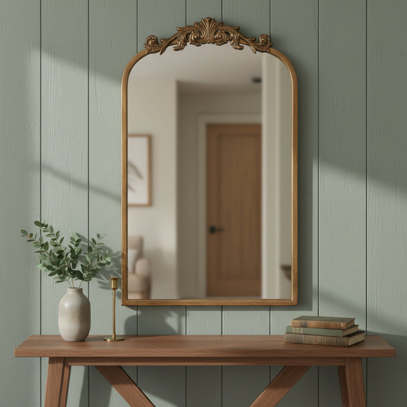 Miroir mural rétro doré 19 po x 31 po, cadre laiton antique baroque, design arqué pour la salle de bain, le salon, le foyer et le vestibule