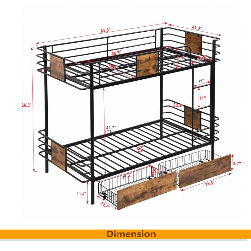 Twin XL Over Twin XL Metal Bunk Bed With MDF Board Guardrail And Two Storage Drawers, Black
