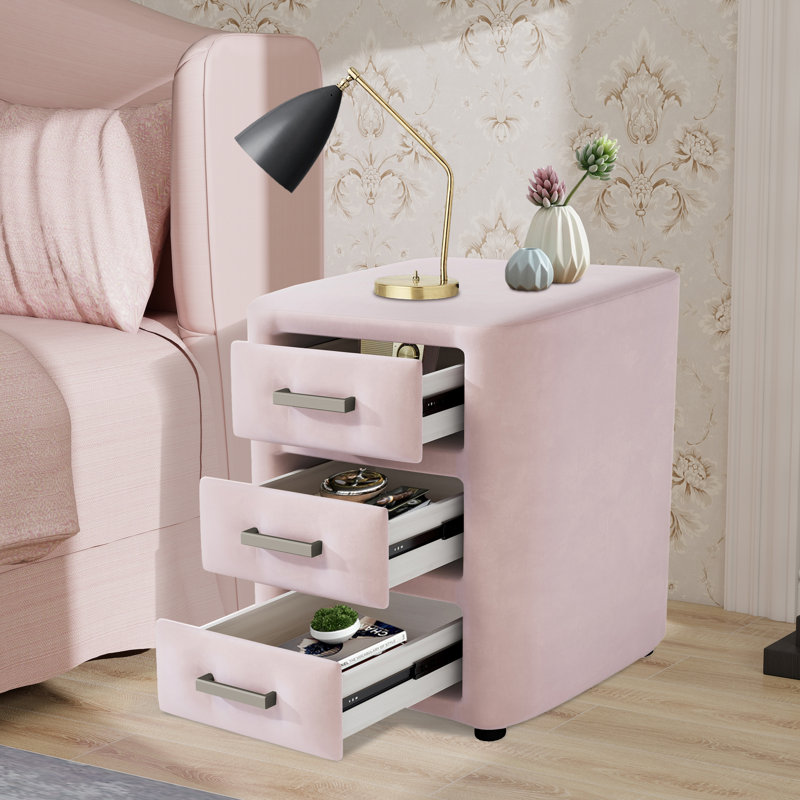 Table de chevet 3 tiroirs en velours, Rose