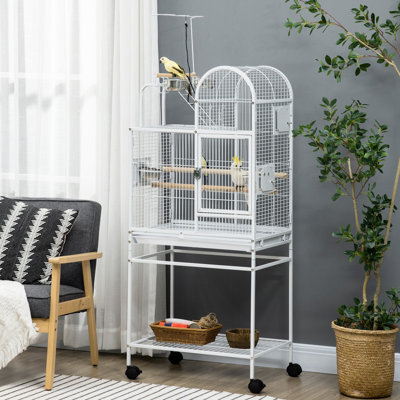 55" Large Parrot Cage, White Steel, Strengthening Hooks, Perches, Food Cups, Rolling Stand For Bird Enclosure , Parakeets