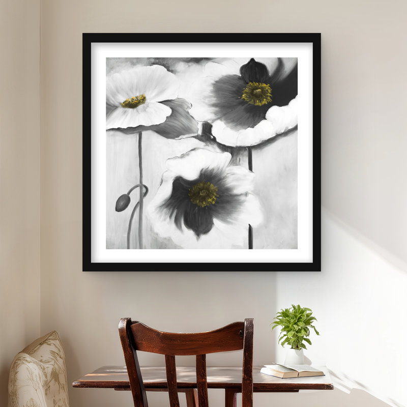 Imprimé de fleurs noires et blanches - décor floral contemporain, H 24 po x l 24 po, Noir