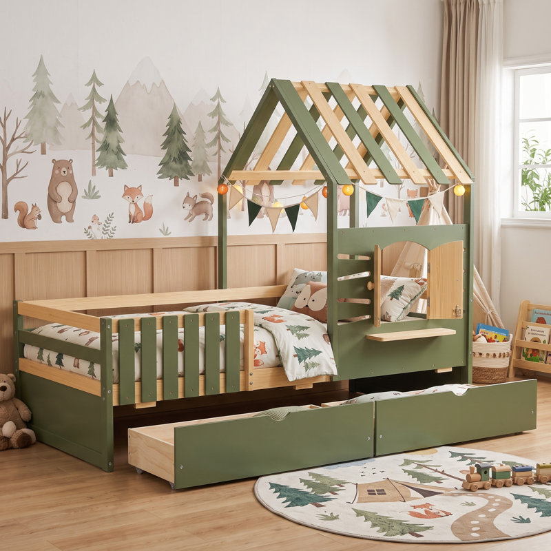 Kids Wooden House Bed Frame, 3ft Single Bed 90x190cm, Pine & MDF Bed with Safety Guardrail, 2 Rolling Storage Drawers, Playhouse Roof & Opening Window, Green & Natural Finish