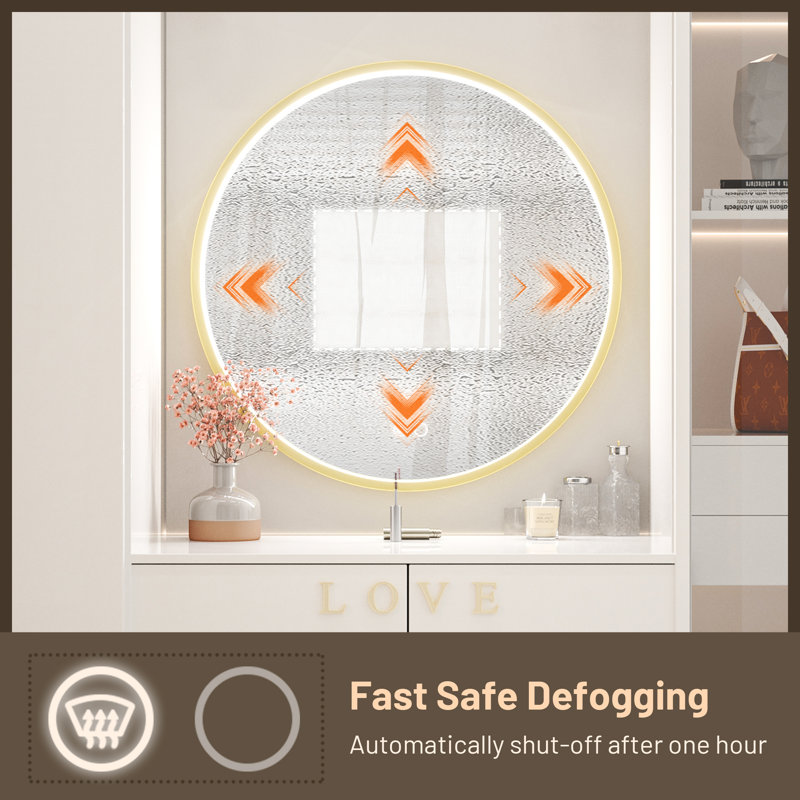 Fantina Round 3 Color Adjustable LED Metal Framed Wall Mirror with Anti-fog, 24" x 24", Gold