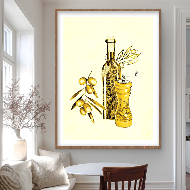 Huile d'olive et poivre - jaune nature morte, reproduction encadrée, H 48 po x l 36 po