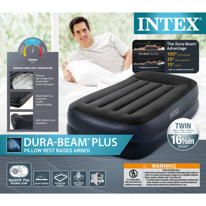 Intex Black Twin Raised Air Mattress with Built-In Pump
