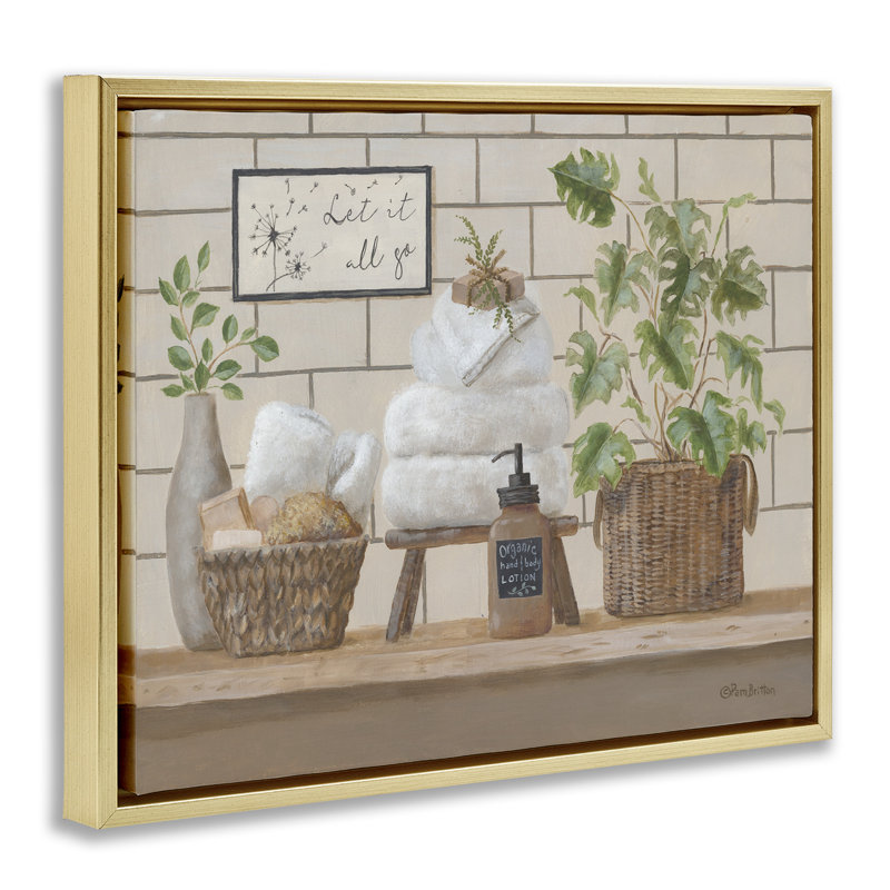 «Comforting Bathroom Spa Still Life», toile encadrée dorée encadrée par Pam Britton, Cadre flottant métallique doré