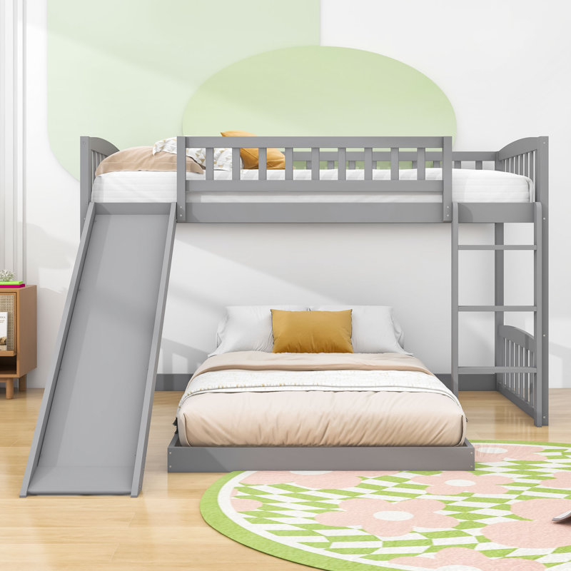 Evelene Twin Over Twin L-Shaped Bunk Beds with Slide, Gray