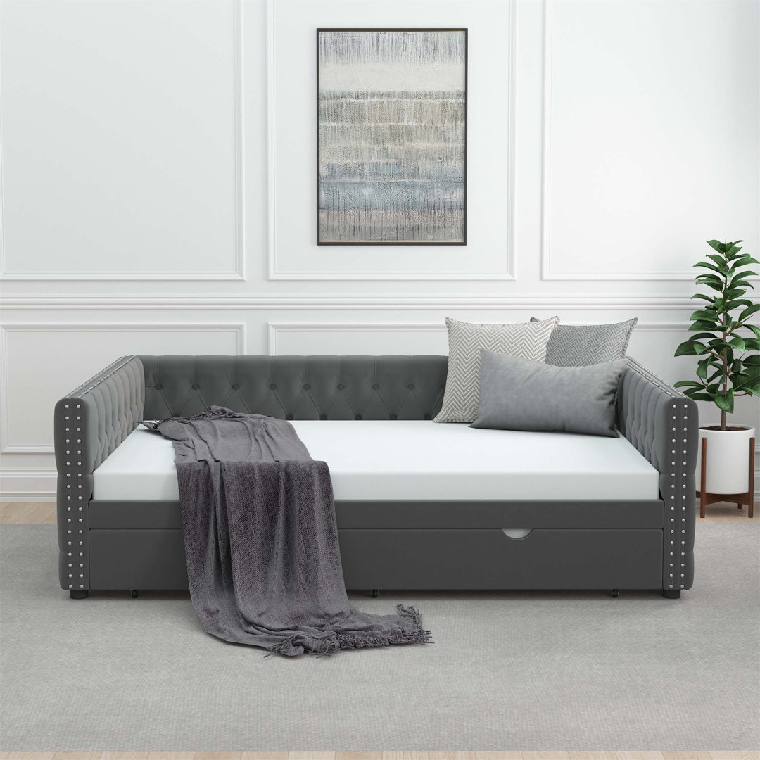 Eylin Daybed With Trundle Velvet Upholstered Tufted Sofa Bed, With Button And Copper Nail On Square Arms Everly Quinn 