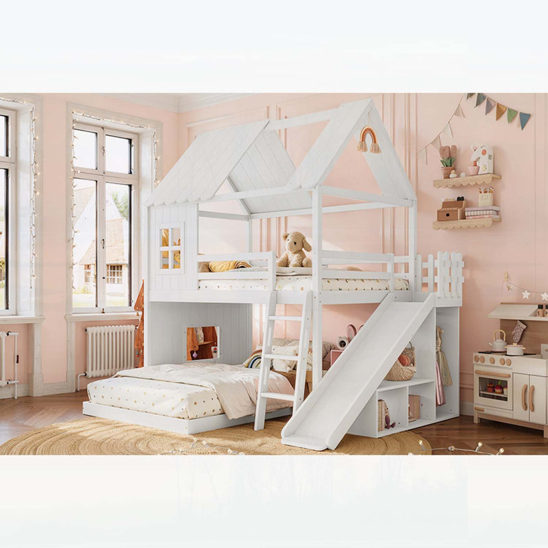 Lit superposé double au-dessus d'une chambre double avec échelles, glissières et rangement, maisonnette pour chambre d'enfant, blanc