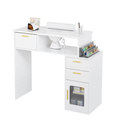 Clou de luxe avec armoire en verre cannelé, repose-poignet et collecteur de poussière électrique, blanc