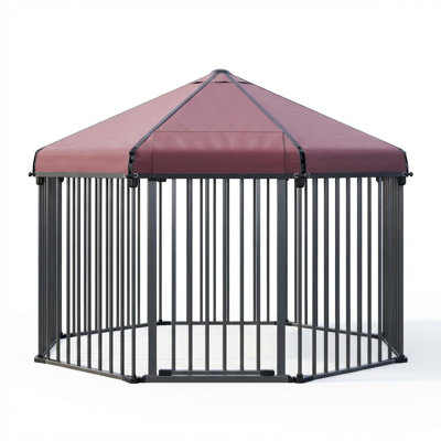 Grand chenil d'extérieur avec toit en métal avec barrière en métal 4,9 x 4,9 x 3,6 pi