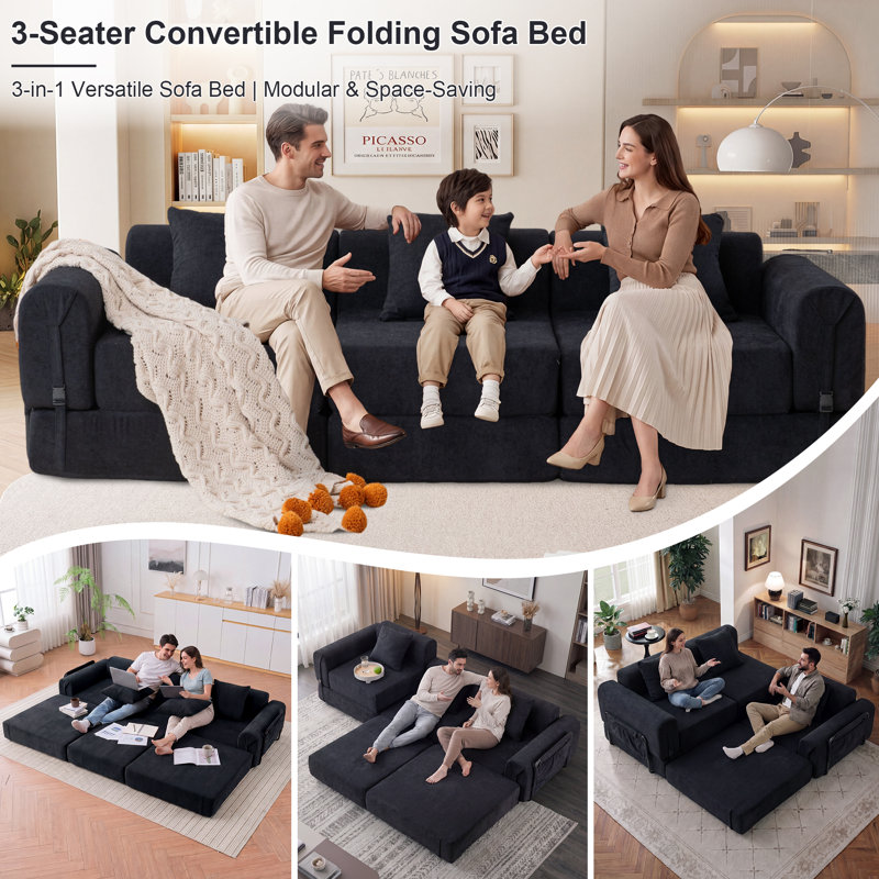 3-seater Boneless Convertible Folding Sofa Bed With Storage Pocket & Modular Design, Black Polyester Blend