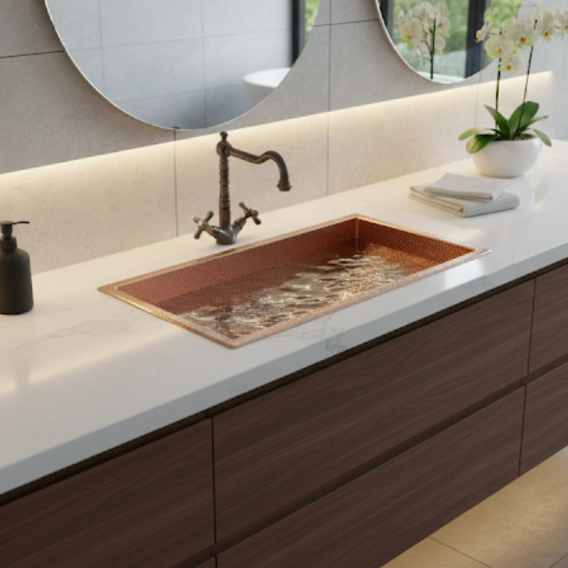 Lavabo de salle de bain rectangulaire en cuivre 18 po x 14 po Ambiente - Lavabos encastrés ou encastrés, lavabo martelé, lavabo compact, lavabos de salle de bain haut de gamme