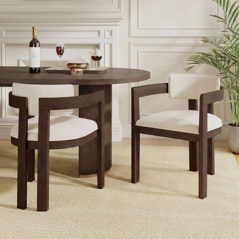 Lyddia Wood Upholstered Dining Chair, Beige Fabric/Walnut Frame, 2