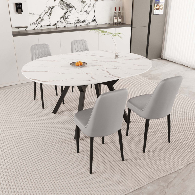 5PCS Modern Dining Set, 47-63" Expandable Circular Dining Tables With 4 PU Thick Cushioned Dining Chairs