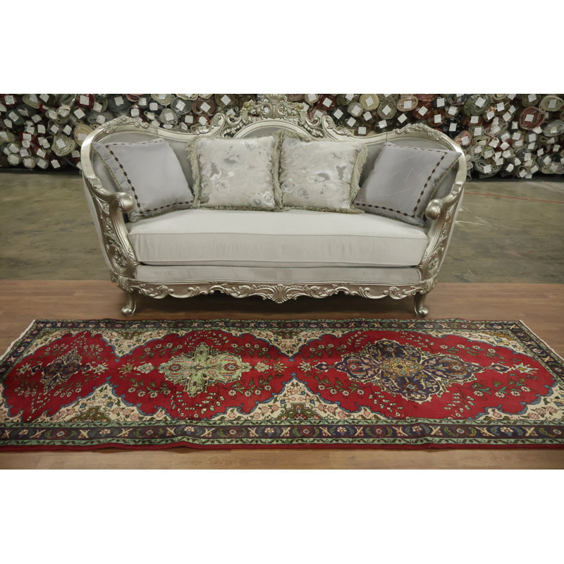 Tapis de médaillon traditionnel rouge élégant noué à la main 3 x 9