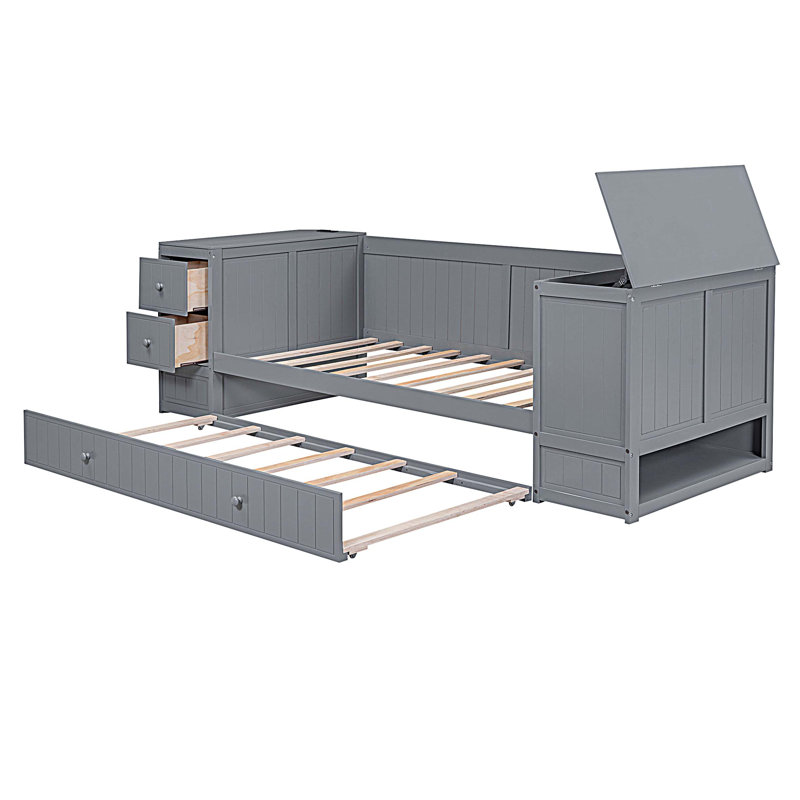Twin Size Daybed with Trundle and Charging Station, Grey