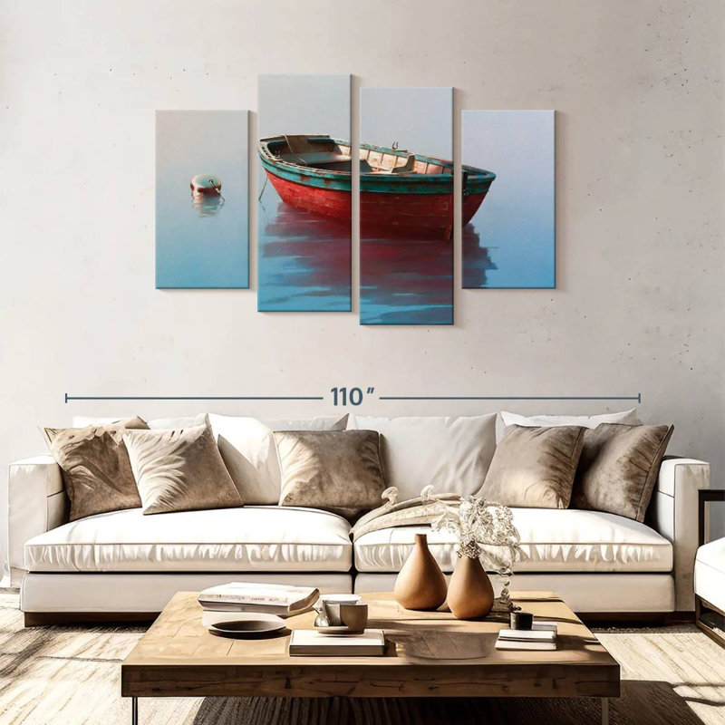 Mehar Red Rowboat On Calm Waters, 48" H x 75" W