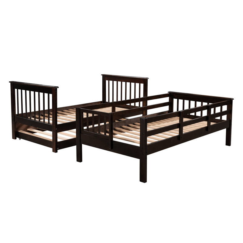 Lit superposé Twintwin avec lit gigogne utile pour chambre à coucher et dortoir. Structure en bois massif pour une utilisation à long terme. Quatre compartiments de rangement. Accès sécuritaire à l'escalier. Conception polyvalente, pouvant être divisée en deux lits. Sans boîte