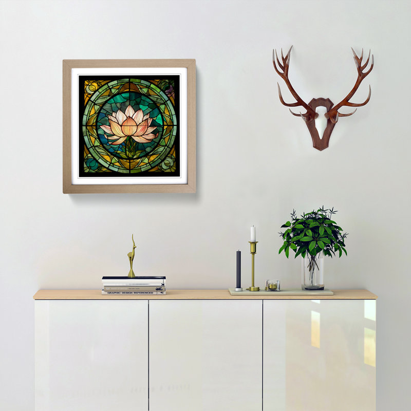 Lotus Flower Stained Glass Effect - Framed Print, Oak
