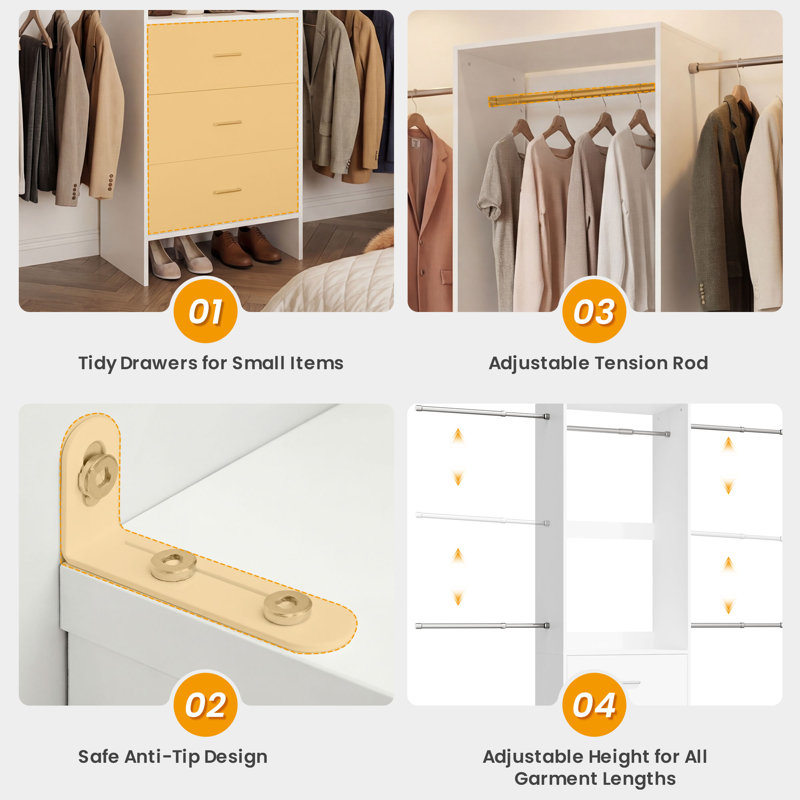 80" Tall Modular Armoire Organizer with 3 Drawers