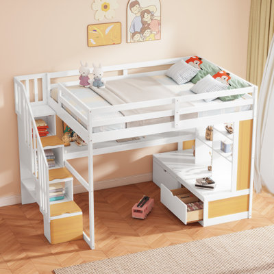 Full Size Loft Bed with Desk and Shelves, Storage Staircase, 2 Drawers, Solid Wood Pine Frame, No Box Spring, White and Natural