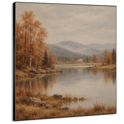 Impression sur tissu grand format - Lac de montagne d'automne avec bouleaux orange pour salon ou chambre - « Assemblage du cadre requis (cadre non fini) »