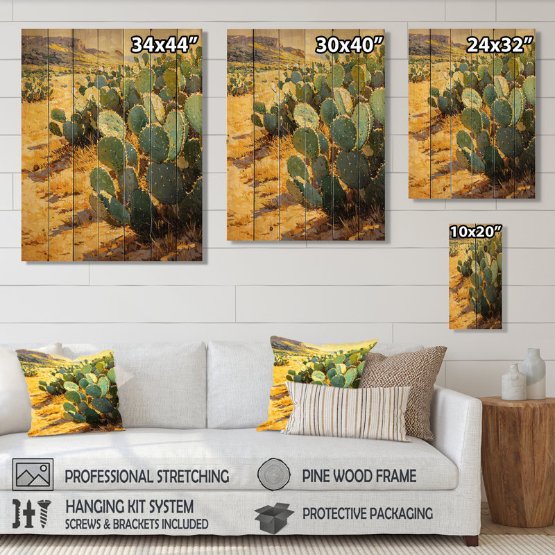 Lumière de cactus dans l'après-midi - Cactus floral, art mural sur bois de pin naturel, H 40 po x l 30 po x P 0,78 po