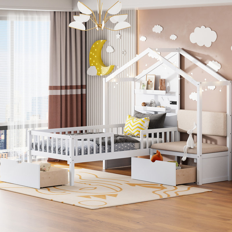 White Twin House Bed With Upholstered , Charging Ability, Wireless Charging, Shelves, Two Drawers For Space Resilience Size Facility, Enjoyment