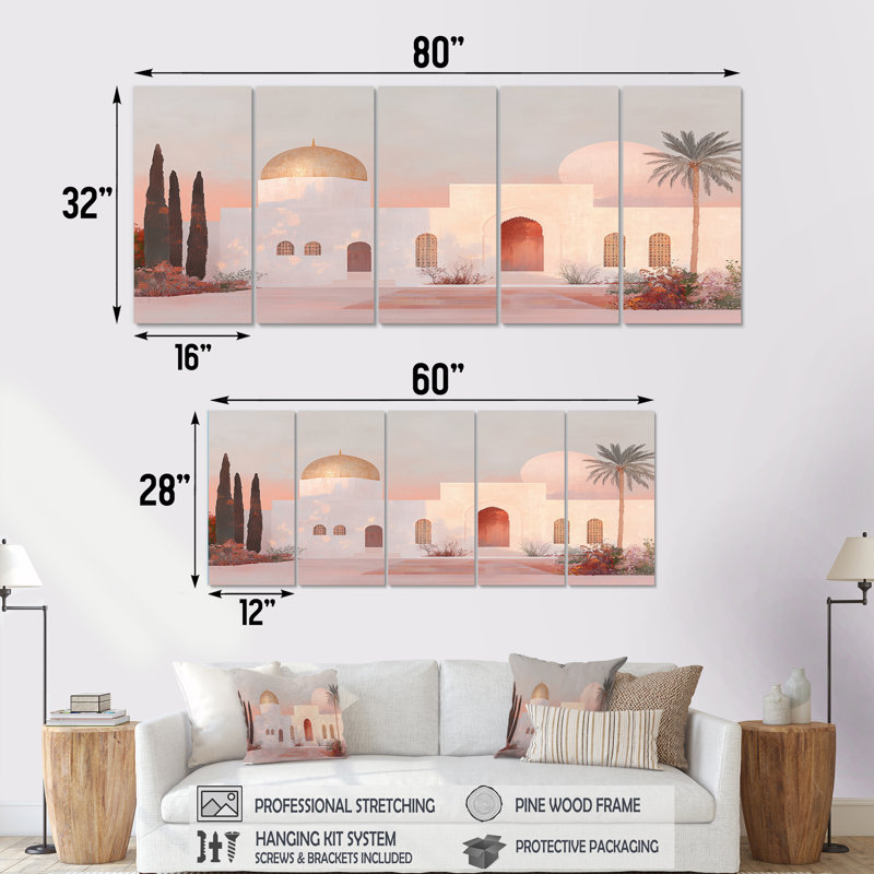 Rose marocain rétro accentué d'or - ensemble d'art mural marocain, H 28 po x l 60 po