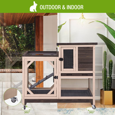Rabbit Hutch Rabbit Cage Indoor Bunny Hutch with Run Outdoor Rabbit House with Two Deeper No Leak Trays - 4 Casters Include, Coffee