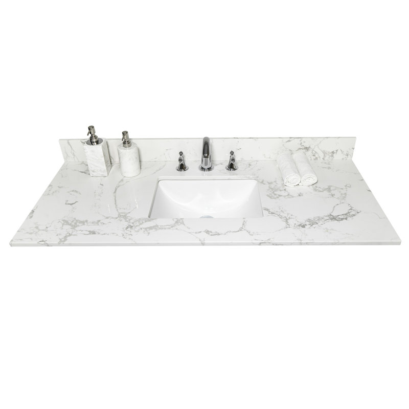 Dessus de meuble-lavabo de salle de bain avec marbre - pierre d'ingénierie, lavabo encastré en céramique et dosseret d'inspiration exquise