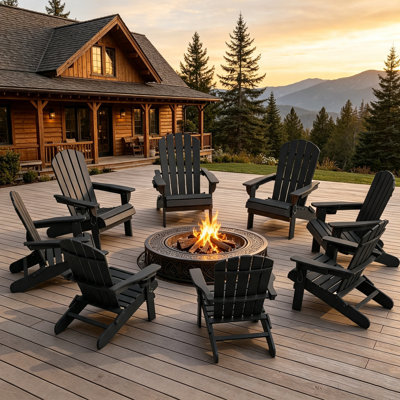 8 Pack Black HDPE Adirondack Chairs with Cup & Phone Holder(Set of 8)