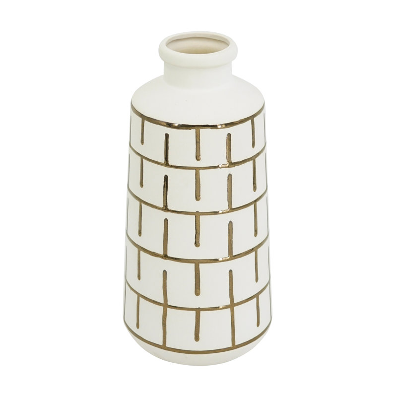 Round White Ceramic Vase with Gold Motif, 12" H x 5.5" W x 5.5" D