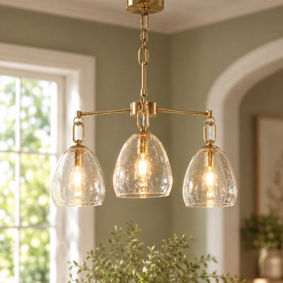 Lustre moderne et glamour à 3 lumières Cillin, intensité variable, verre martelé, fini cuivre, pour salle à manger