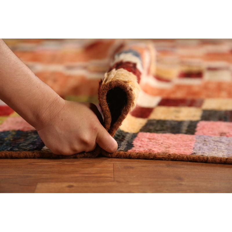 Tapis oriental marocain à carreaux orange en laine 7 x 10