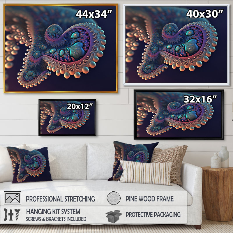 «Turquoise Fractal Mystery VI», reproduction sur toile, H 30 po x l 40 po x P 1,5 po, Toile avec cadre flottant noir