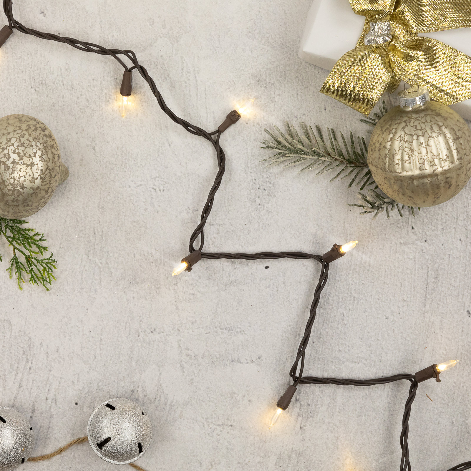 100-Light Warm LED Christmas String Lights, Warm White/Brown, 50