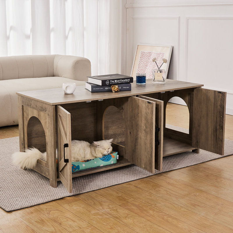 Enclos pour bac à litière pour 2 chats, 120 cm (L) x 47 cm (l) x 50 cm (H), meuble dissimulant le bac à litière à double compartiment, meuble en bois compatible avec la plupart des bacs à litière, gris-beige