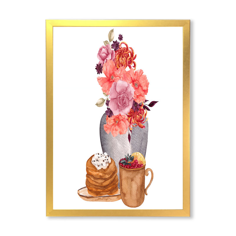 " Autumn Composition With Pies Fruit And Hot Drinks " Painting Print, Gold Closed Corner Frame Canvas, 44" H x 34" W