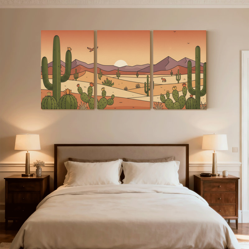 Paysage et nature, paysage désertique avec cactus et montagnes, ensemble de 3 impressions sur toile, H 24 po x l 48 po