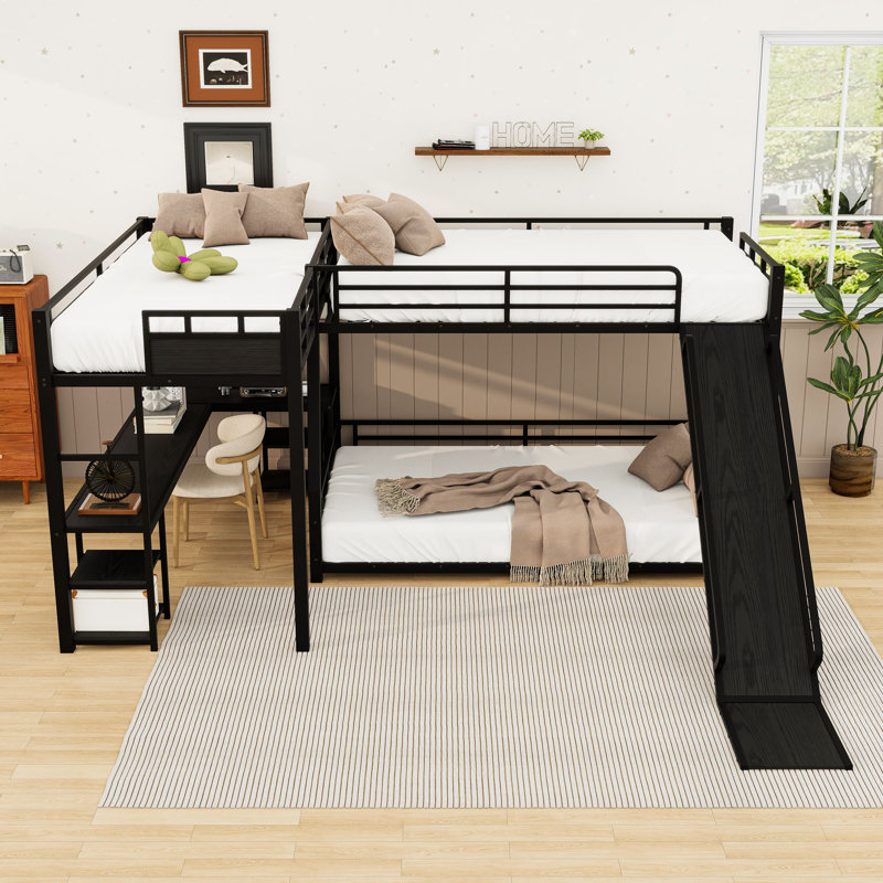 Metal L-Shaped Bunk Bed With Built-In Desk And Slide And Shelves, Twin XL And Full XL Over Queen
